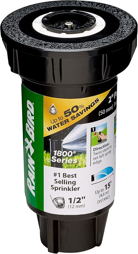 Rain Bird 1802HDSPRS Pressure Regulating (PRS) Professional Dual Spray Pop-Up Sprinkler, 180° Half Circle Pattern, 8' - 15' Spray Distance, 2" Pop-up Height