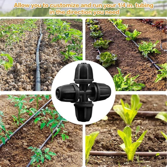JAYEE Drip Irrigation Fittings 1/4 Inch, 25 Pcs Lock Barbed 4 Way Cross for ¼ in. tubing, Drip Line Connectors Couplings Irrigation Parts for Drip Sprinkler Garden Lawn Watering Systems, Black