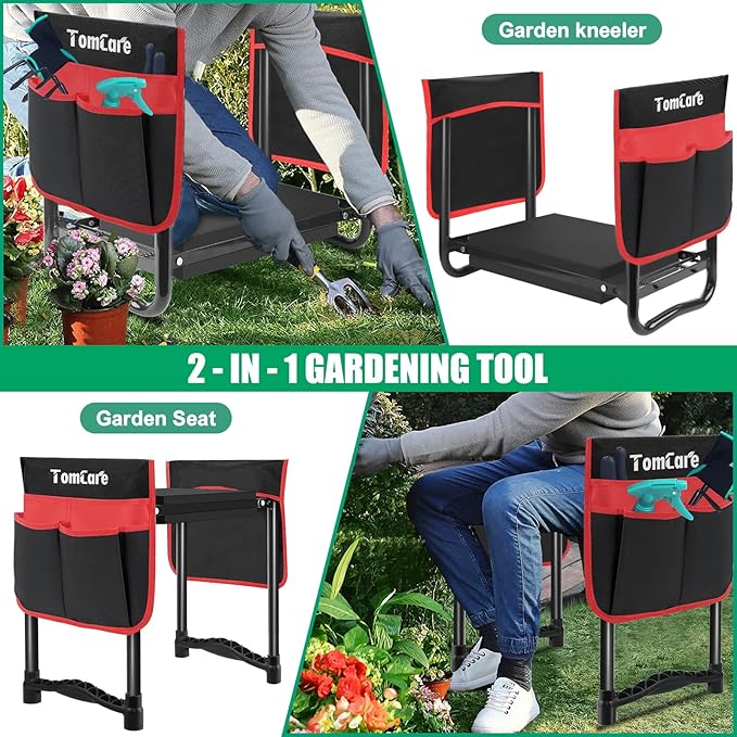 TomCare Upgraded Garden Kneeler and Seat Widen Soft Kneeling Pad Garden Tools Stools Garden Bench with 2 Larger Tool Pouches Outdoor Foldable Sturdy Gardening Tools Gifts for Gardeners, Black