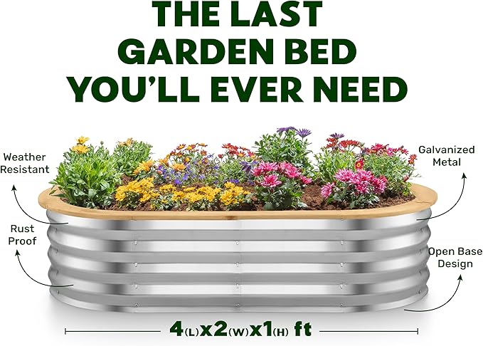 Galvanized Raised Garden Beds Outdoor // 4×2×1 ft Planter Raised Beds for Gardening, Vegetables, Flowers // Large Metal Garden Box (Silver and Light Fir) // Patented Tool-Free Design