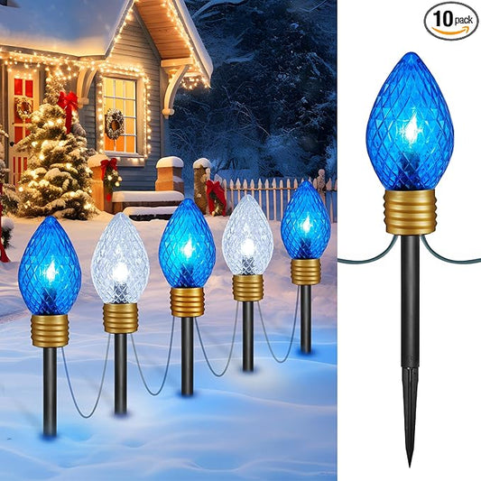 Strawberry Jumbo C9 Christmas Pathway Lights Outdoor -8.5 Feet 5 LED Jumbo C9 Walkway Lights, Multicolor Bulb Christmas Lights Outdoor Decorations for Yard Holiday, Blue & Pure White
