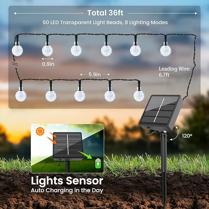 2 Pack Solar Lights Outdoor Waterproof, Total 72ft 120 LEDs Crystal Globes with 8 Modes, Solar Light Strings for Outside, Patio Porch Garden Yard Wedding Party Decor (Warm White)