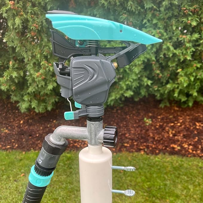 T-Post Lawn Pulsating Impact Sprinkler 300013 with a Gear Drive, Pole Base, Adjustable to 360 Degrees by New England Garden Tools