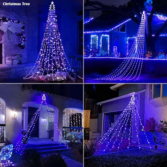 Outdoor Christmas Decorations Star String Lights 420 LED Waterproof Waterfall Lights with Christmas Tree Topper, 8 Lighting Modes Tree for Yard Patio Garden Party (Blue)