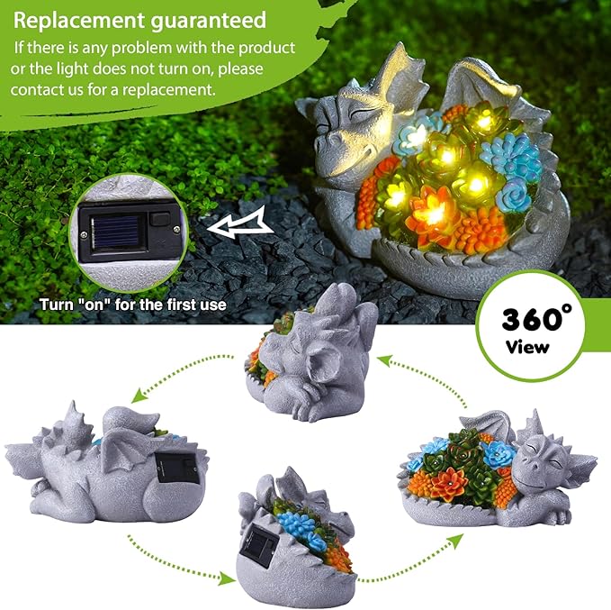 Solar Dragon Statue with Succulent Lights - Dragon Garden Sculptures & Statues，Garden Decor for Outdoor Yard Art Ornaments 9.1inch (Gray)