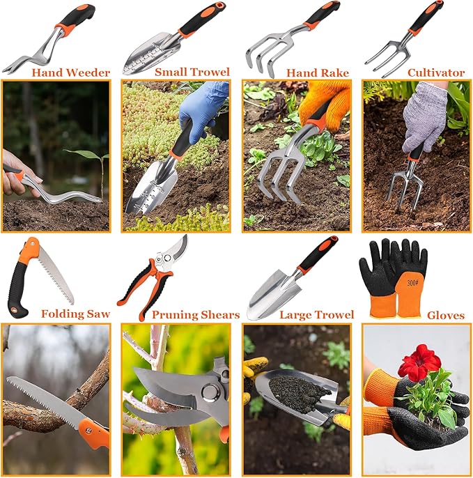 Garden Tool Set, 9 Piece Garden Tools with Non-Slip Rubber Grip with Large Garden Bag, Hand Tools for Gardening, Gardening Tools for Women Men (Orange)
