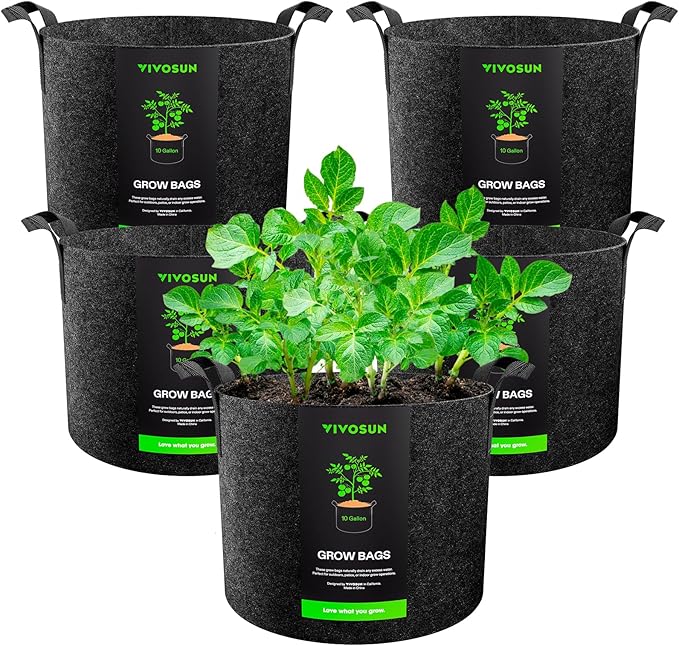 VIVOSUN 5-Pack 10 Gallon Plant Grow Bags, Heavy Duty Thickened Nonwoven Fabric Pots with Handles