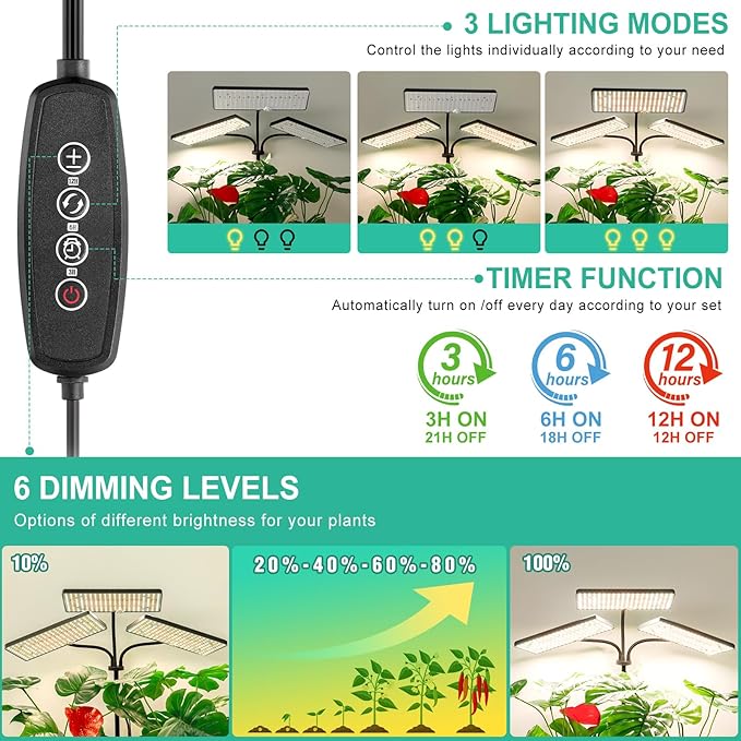 2024 Upgraded Desk Grow Lights for Indoor Plants, Tri-Head 642 LEDs Tabletop Full Spectrum Grow Light, with 3/6/12H Timer, 6 Brightness Levels, 3 Lighting Modes, Height Adjustable for 10-26 inches