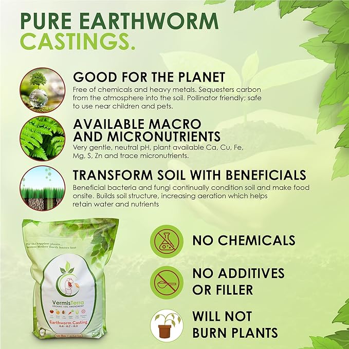 Earthworm Castings - (5 LB) 2.7 qts - 100% Organic Earthworm Castings - All Natural Plant Fertilizer - Soil Enhancer - Potting Mix for Plants, Vegetables, Flowers, Indoor + Outdoor