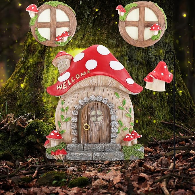 Miniature Fairy Garden Accessories Christmas Decorations Mushroom Fairy Door and Windows for Trees, Glow in The Dark Yard Garden Sculpture Lawn Ornament Outdoor Decor Accessories with Fairy Lantern