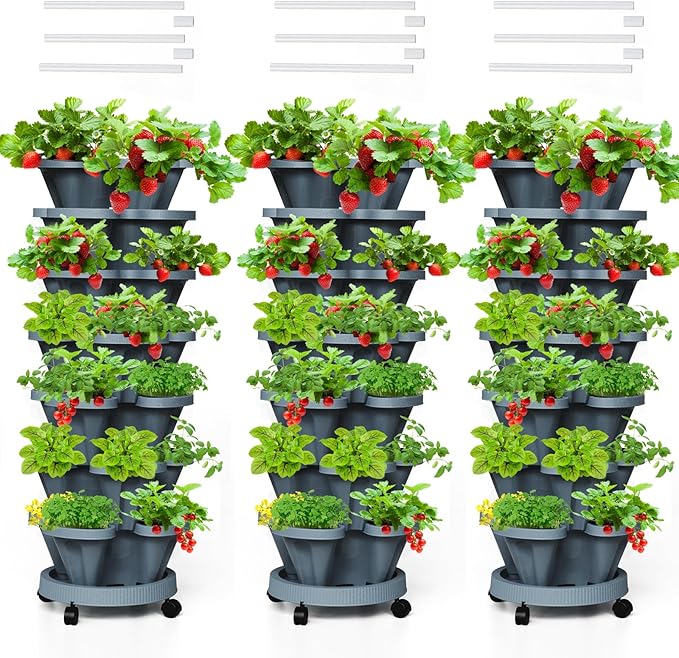 Strawberry Vertical Planters Tower Garden 3 Pack, 7 Tiered Stacking Herb Vegetable Planter with Support Pole Indoor and Outdoor - Dark Grey