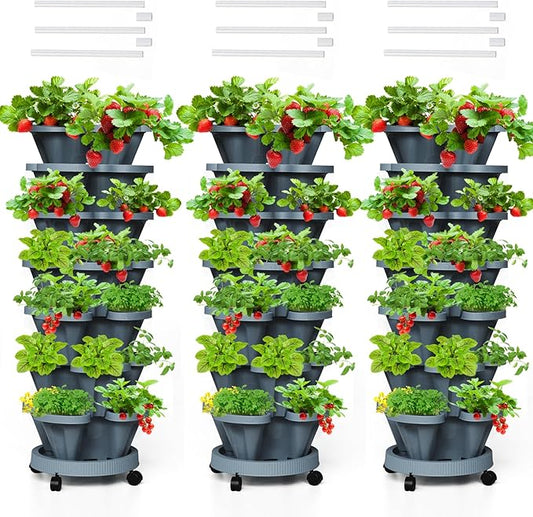 Strawberry Vertical Planters Tower Garden 3 Pack, 7 Tiered Stacking Herb Vegetable Planter with Support Pole Indoor and Outdoor - Dark Grey