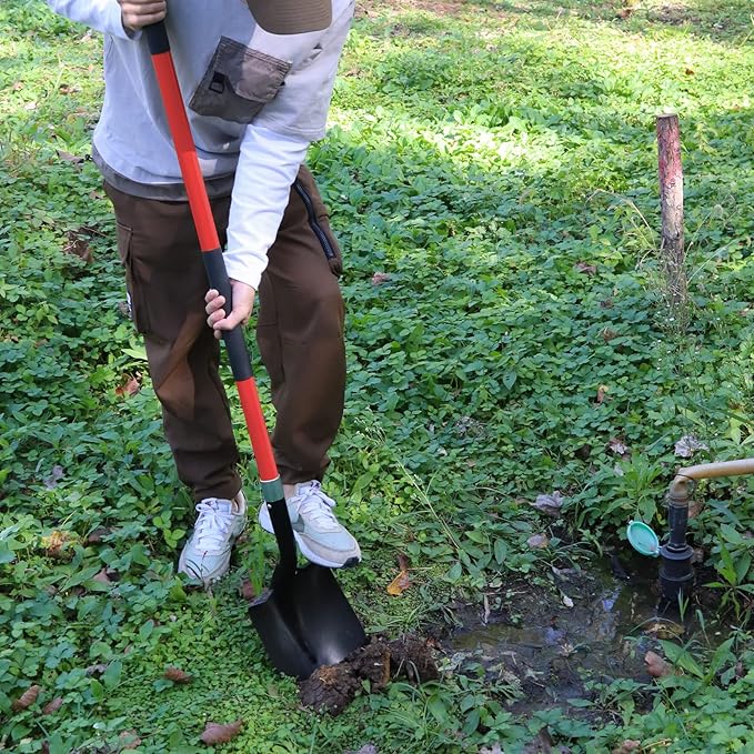 Shovel for Digging, 56 Inches Heavy Duty Shovel for Gardening, Round Shovel for Digging with Fiberglass Handle (Red)