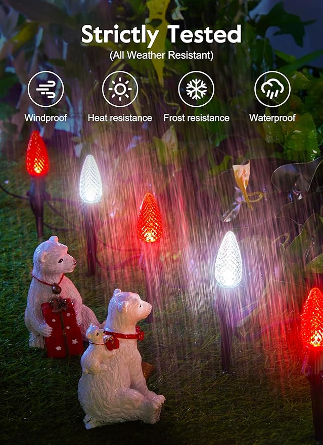 Brightown Strawberry C9 Christmas Pathway String Lights, 25.7 Feet C9 Walkway Lights with 20 Clear Bulbs and Stakes, Connectable Christmas Lights Outdoor Decoration for Outside Lawn, Red & Pure White