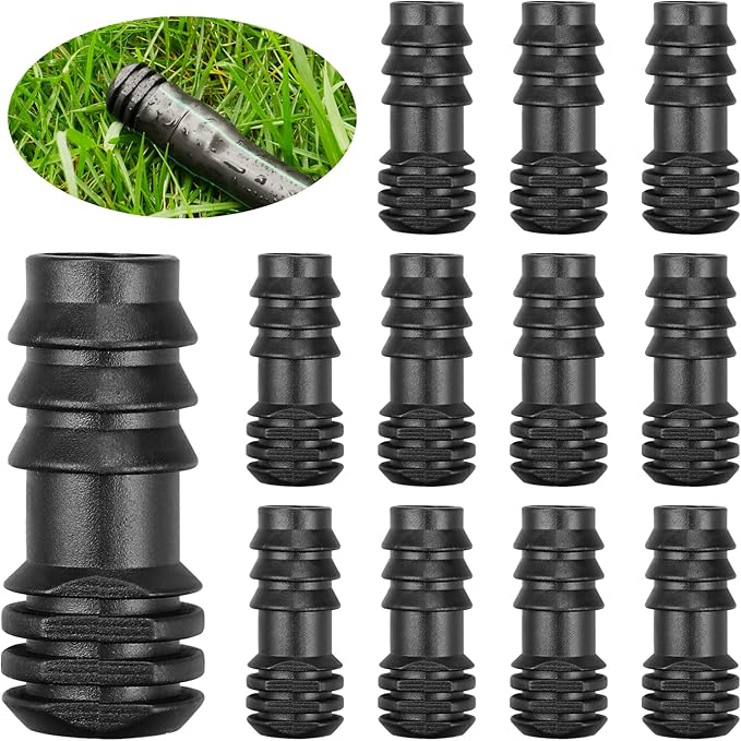 Drip Irrigation Fittings for 1/2 inch Irrigation Tubing(0.60"-0.63" OD), 12 Pieces End Plug Barbed Connectors, End Caps Plastic Plug Nuts for 1/2" Drip Irrigation Hose (13mm ID)