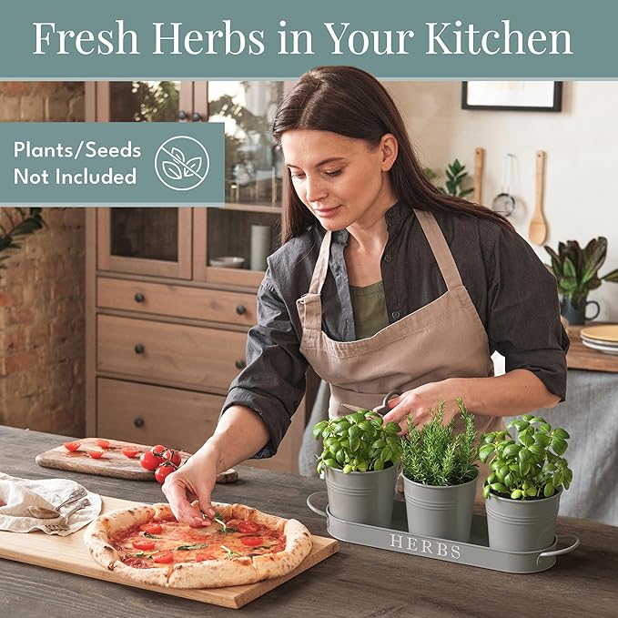 Barnyard Designs Indoor Herb Garden Planter Set with Tray, Metal Windowsill Plant Pots with Drainage for Outdoor or Indoor Plants, Set/3 (Cool Grey)