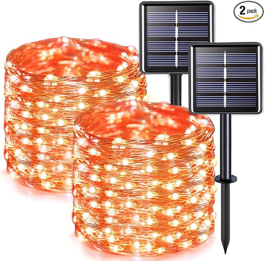 JMEXSUSS 2 Pack Solar Halloween Lights, 33ft 100 LED Outdoor Waterproof Orange Solar Lights for Tree Yard Patio Garden Halloween Thanksgiving Decorations