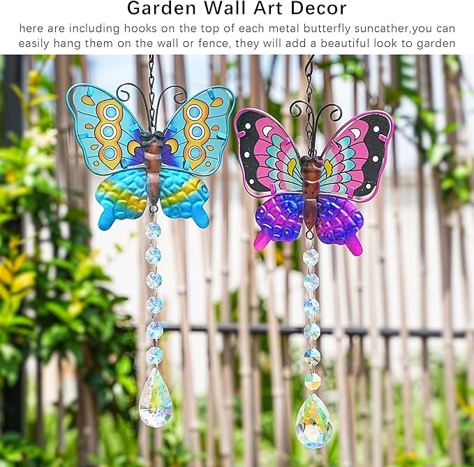 Set 2 Metal Butterfly Suncatchers for Windows - 14" Outdoor Fence Wall Art Decor, Rainbow Prisms Sun Catchers with Crystals Hanging for Home Garden Ornament
