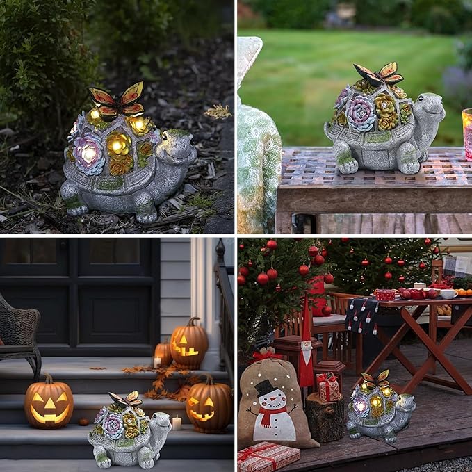Attivolife Turtle Solar Garden Outdoor Statues with Succulent 7 LED Light, Patio Lawn Balcon Yard Ornament Art Decor, Mother Day Housewarming Birthday Gift for Mom Women Grandma