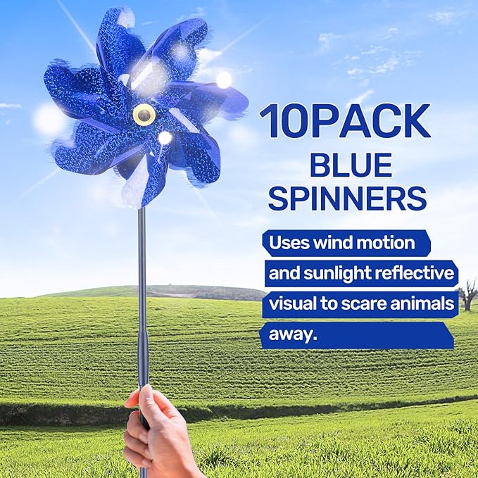 BATTIFE 10 Packs Blue Pinwheels for Yard and Garden, Sparkly Reflective Pinwheel for Scare Birds Away, Wind Spinner Deterrent Outdoor