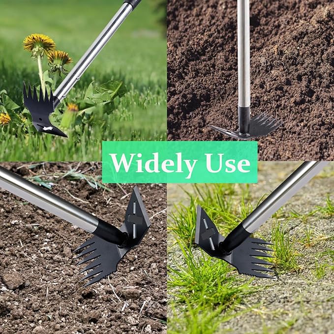 Weed Puller Tool with Long Handle - 60" Manual Weeder Remover Tool, 2 in 1 Hand Weed Rake and Garden Hoe for Gardening, Heavy Duty Uprooting Weeding Pull for Yard, Lawn, Patio and Garden