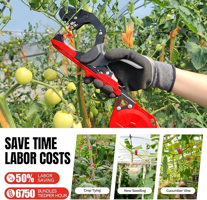 Plant Tying Machine with Green Tape, Lightweight Plant Tape Gun Tool to Tie Up Vine, Plant Tapener Tying Tool for Tomato, Grape, 10000pcs Staples 20 Rolls Tape (Red)