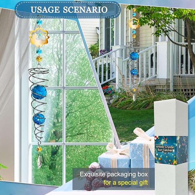 FONMY Cat Gazing Ball Spiral Tail Wind Spinner Sun Catcher Rainbow Maker Silver Spiral W/Blue K9 Crystal Ball Tree Hanging Ornament Indoor Outdoor Garden Decor. 19.5inch H