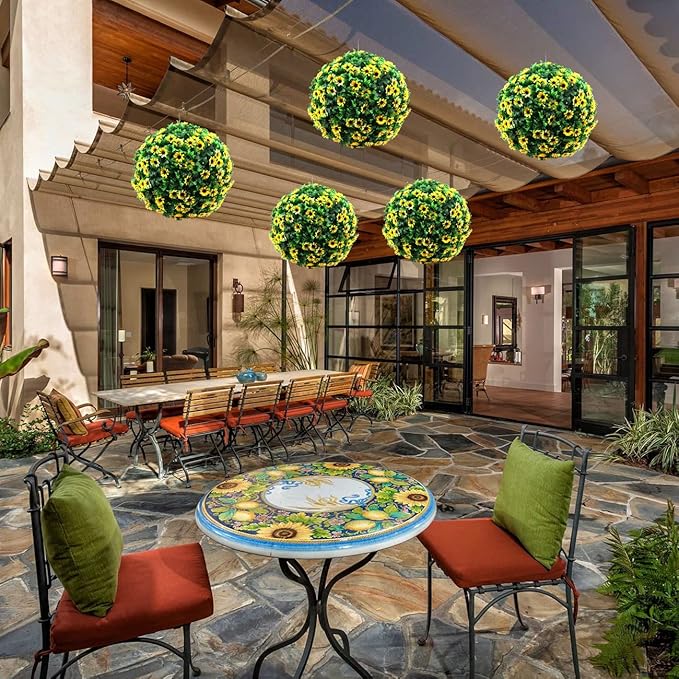 Sunnyglade 2 PCS 15 inch Artificial Plant Topiary Ball Faux Boxwood Decorative Balls for Backyard, Balcony,Garden, Wedding and Home Décor (Yellow)