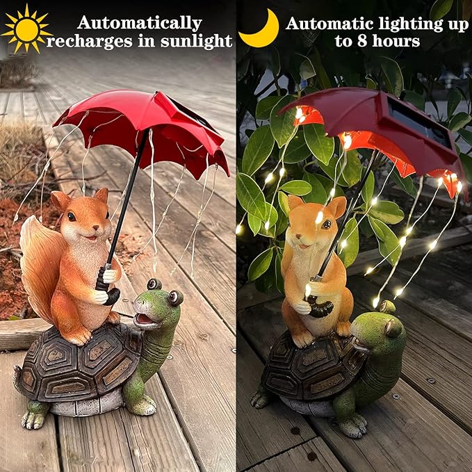 Solar Garden Statue Outdoor Decor - Squirrel Standing on Turtle Holding Umbrella with String Lights Outdoor Waterproof Statues for Patio Lawn Yard Decoration Garden Ornaments Housewarming Gifts
