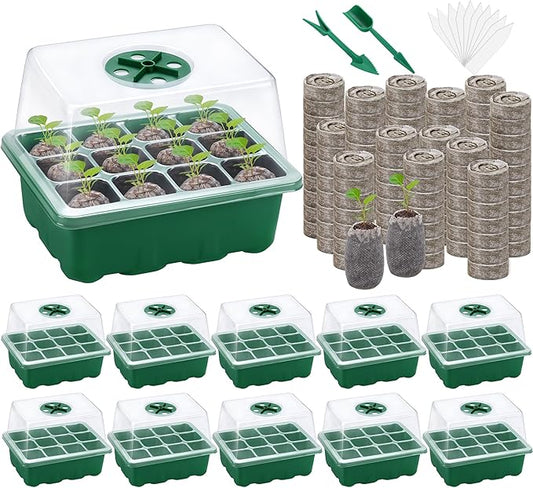 10 Sets Seed Starter Tray Kit Seed Starter Trays with Humidity Dome and Base Include 120 Peat Pellets 200 Plant Labels Garden Tools Plant Germination Tray Set for Indoor Outdoor Planting, Green