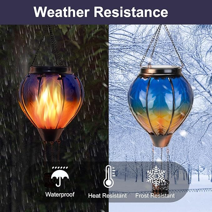 pearlstar Hot Air Balloon Solar Lantern with Flickering Flame Light, Outdoor Solar Hanging Lights Waterproof for Garden Yard Patio Farmhouse Decoration,Stained Glass Blue