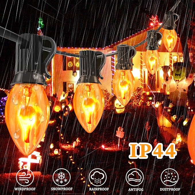 Flickering Flame String Lights with 27 C7 Clear Orange Flame Blubs (2 Spare), 25FT Vintage String Lights for Indoor Outdoor Halloween Decorations Party Black Wire