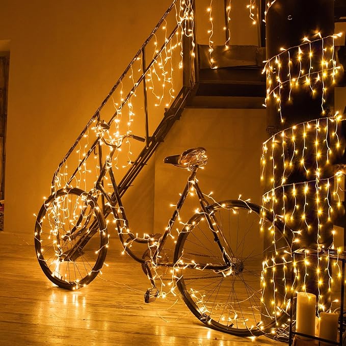 Icicle lights Outdoor - 66ft Christmas Lights with 640LED 120 Drops 8 Modes, Plug in Curtain String Lights Waterproof for Holiday Wedding Party Home Garden Bedroom Indoor Outdoor Decoration,Warm White
