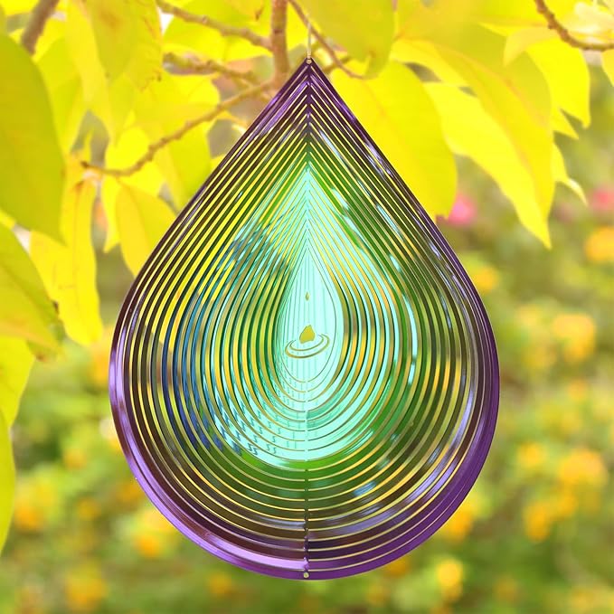 Wind Spinner Garden Indoor Outdoor Decor 3D Stainless Steel Metal Hanging Decorations, 3D Water Droplets Pattern Metal Wind Sculptures & Spinners Whirligig Gifts with 12inch(Green&Purple)