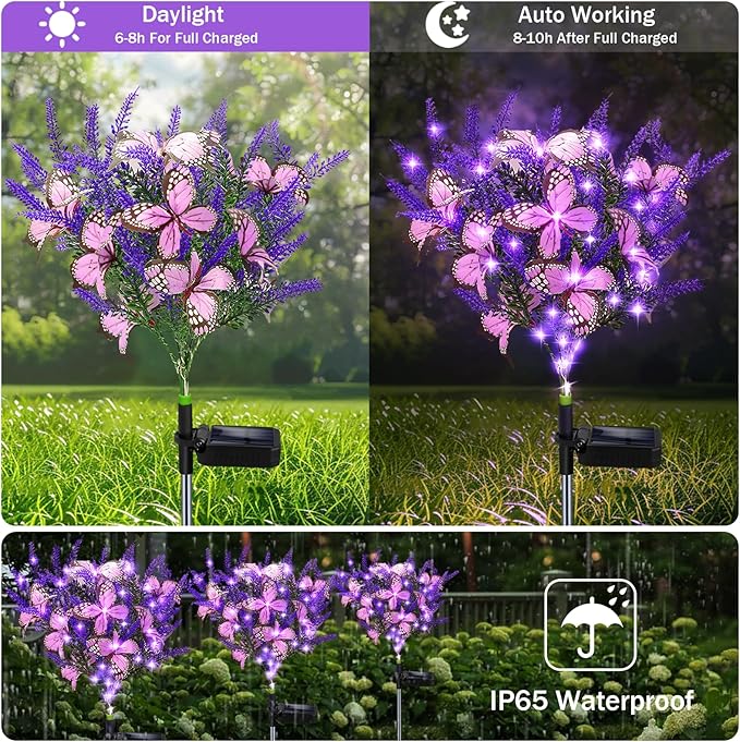 Solar Garden Lights Outdoor, 4 Pack Purple Lavender Solar Butterfly Lights Gardening Gifts for Women, Purple Artificial Flower with Butterfly Garden Decor for Lawn Patio