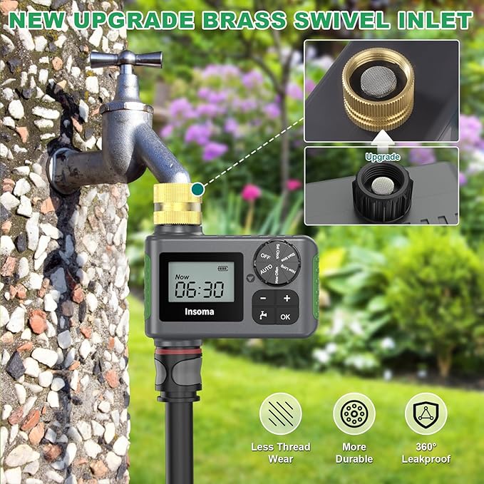 Sprinkler Timer Brass Inlet, Hose Timer for Watering, Programmable Water Timer with Rain Delay/Manual/Automatic Irrigation System, Digital Water Hose Timer for Outdoor Lawn Garden, IP55 Waterproof