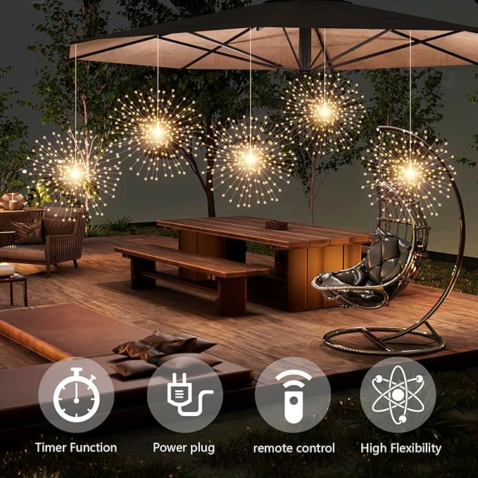 5 Pcs 1000 LED Plug-in Starburst Sphere Lights, Firework 8 Modes Dimmable Remote Control Waterproof Hanging Fairy, Copper Wire for Patio Party Tent Christmas (Warm White)