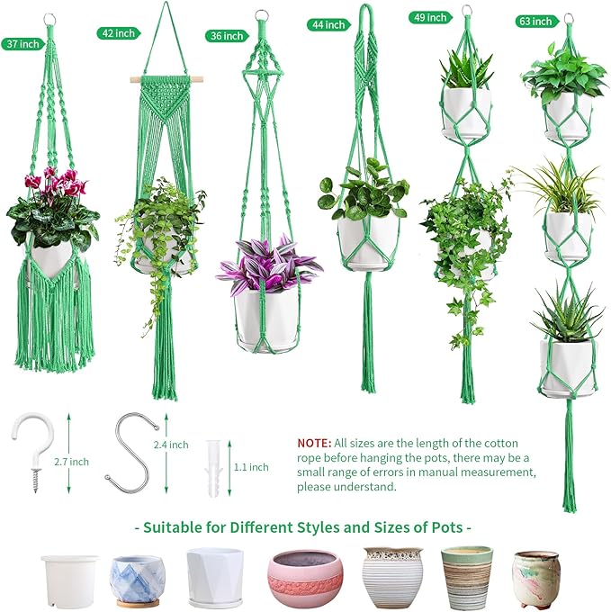 Macrame Plant Hangers, 6Pack Hanging Planters for Indoor Plants w/ 6 Set Hangers Kit Handmade Macromay Plant Hangers Indoor Flower Pots Holder Stand for Boho Home Décor (POTS NOT Included)