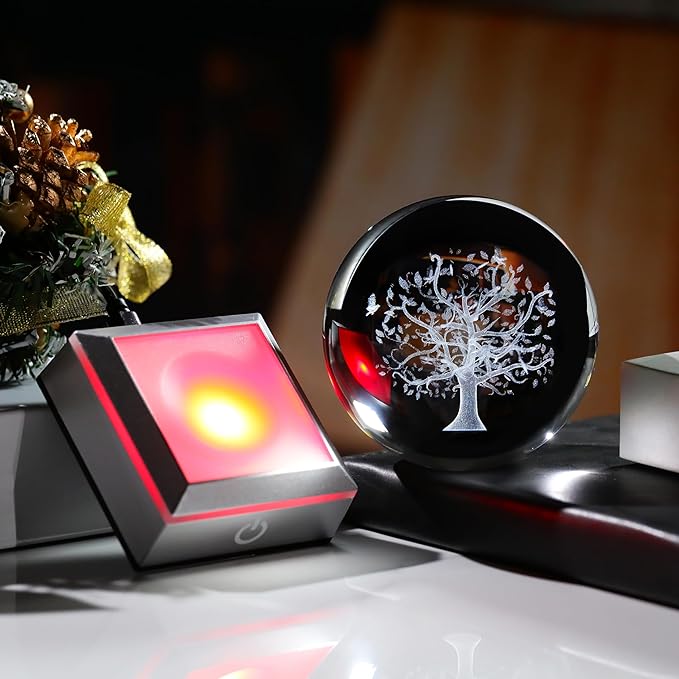 Qianwei 3D The Tree of Life Crystal Ball with LED Colorful Lighting Touch Base,Flower of Life Meditation Chakra Grid Night Light, Sacred Geometry Art Symbol for Spiritual Decor