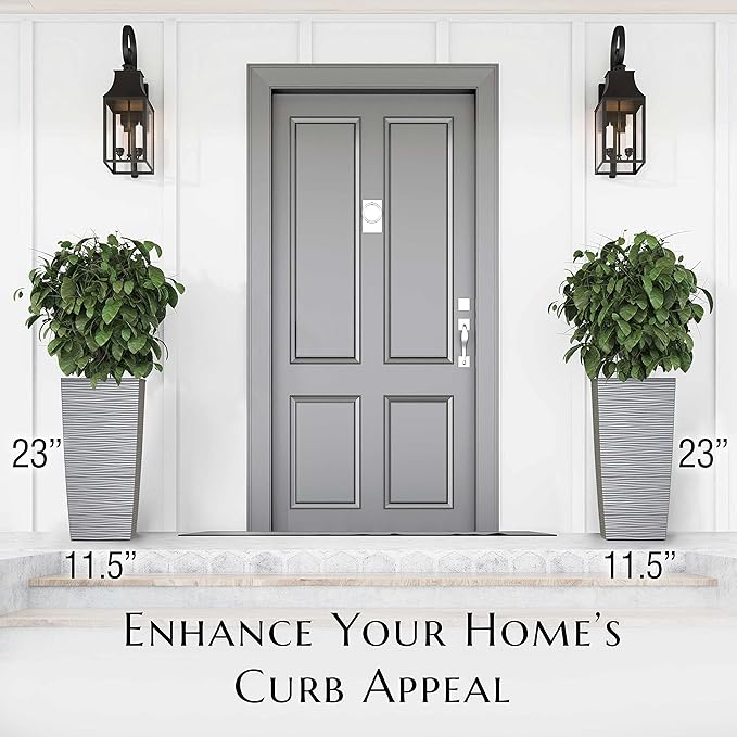 Mueller M-Resin Heavy Duty Tall Planter, Indoor/Outdoor Grande Plant, Tree, Flower Pot, 2-Piece Set, 24”, Modern Design, Built-in Drainage, Light Gray