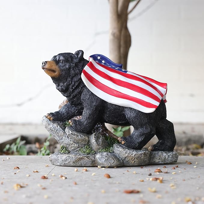 Garden Statue Bear,Solar American Flag Bear Ourdoor Statue,Garden Decor Bears Solar Light,Resin Figurine Lights,Outdoor Decor for Patio,Porch,Balcony,Yard,Lawn