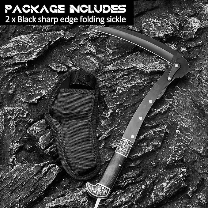 2 Pcs Black Sharp Folding Sickle 14.6 inch Grass Hand Sickle Knife Wooden Handle Portable Safety Manual Sickle Garden Tool with Sheath for Lawn Branches Weeds Gardening Farming Cutting
