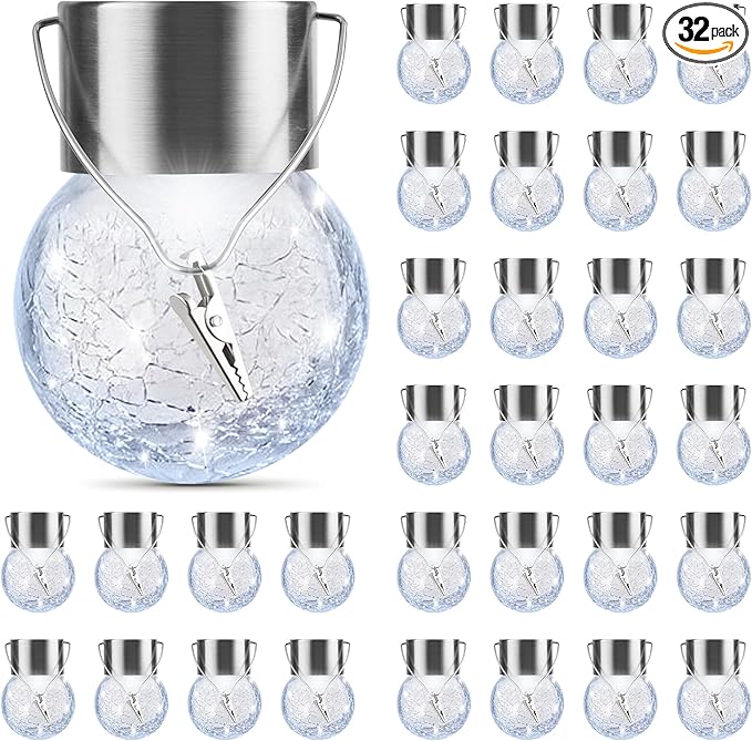 PARTPHONER 32 Pack Hanging Solar Lights Outdoor, Waterproof Solar Globe Lantern with Handle and Clip, Decorative Cracked Glass Ball Lights for Christmas Decor, Tree, Yard, Garden, Patio (Cold White)