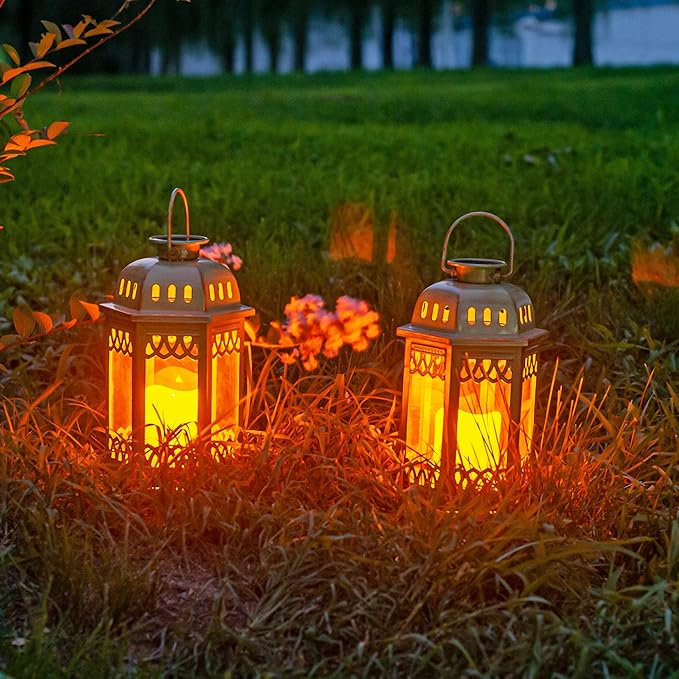 SteadyDoggie Solar Lanterns 2 Pack Green - Hanging Solar Lights with Flickering Candle LED - Retro Ornate Hanging Solar Lantern with Handle