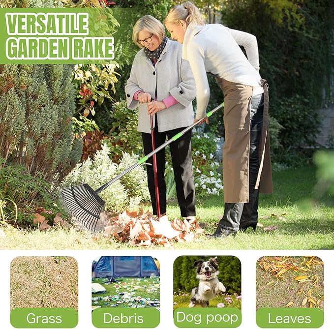 Joyhalo Rake for Leaves Adjustable 65 Inch Long, 18 Inch Wide Garden Rake with 25 Tines, Metal Leaf Rake, Rakes for Lawns, Gathering Leaves, Weeds, Debris