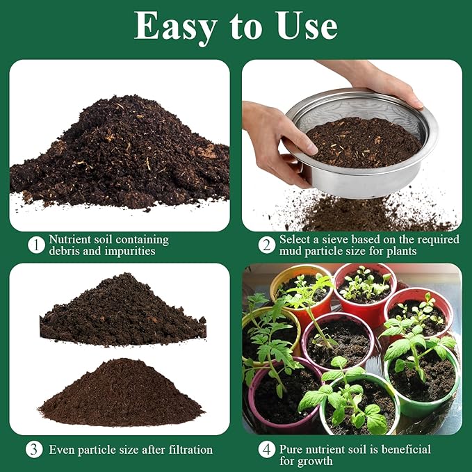 Soil Sifter, Soil Sifter for Rocks with 3 Sieve Mesh, 3mm 6mm 9mm, Stainless Steel Rock Sifter, Garden Potting Sieves with Shovel, Fine Mesh Sieve for Topsoil, Fine Sand