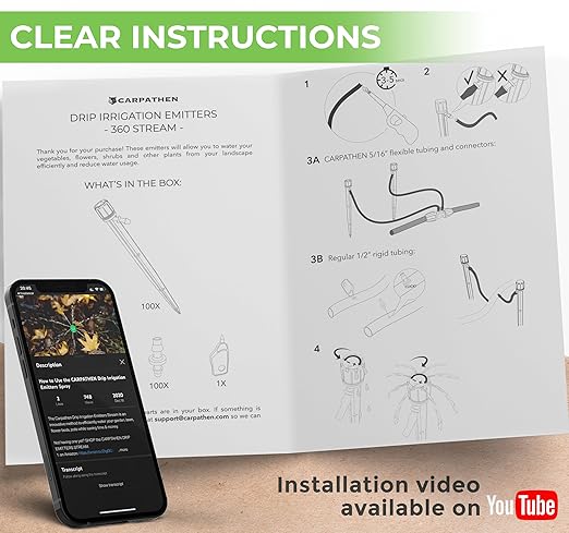 CARPATHEN Drip Irrigation Emitters Sprayer - 100 Black Drip Emitters for Irrigation Kit - ¼ Irrigation Tubing Compatible - 360 deg Adjustable Drippers for Drip Irrigation - Fit for Raised Garden Bed