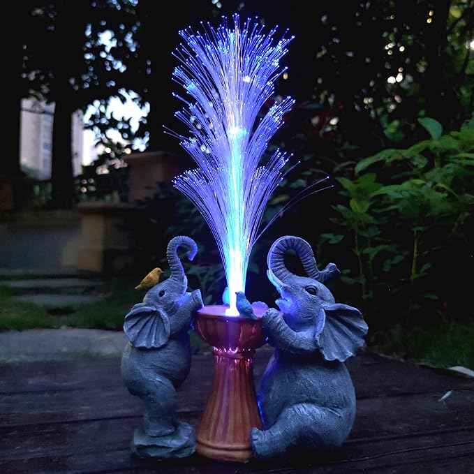 Elephant Statue Solar Garden Decor,Resin Elephant Statue and Colour Changing Optical Fiber Solar Lights,Outdoor Decor for Balcony, Garden, Patio, Yard, Lawn, Gifts for Mom Grandma