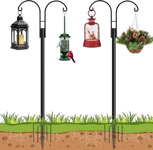 Ottsuls Bird Feeder Pole, 2 Pack 60 INCH Double Shepherds Hooks for Outdoor, Garden Pole with 5 Base Prongs Heavy Duty Planter Hooks for Hanging Plant Baskets, Lantern, Hummingbird Feeder