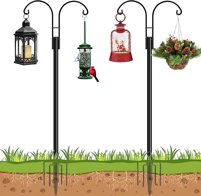 Ottsuls Bird Feeder Pole, 2 Pack 92 INCH Double Shepherds Hooks for Outdoor, Garden Pole with 5 Base Prongs Heavy Duty Planter Hooks for Hanging Plant Baskets, Lantern, Hummingbird Feeder
